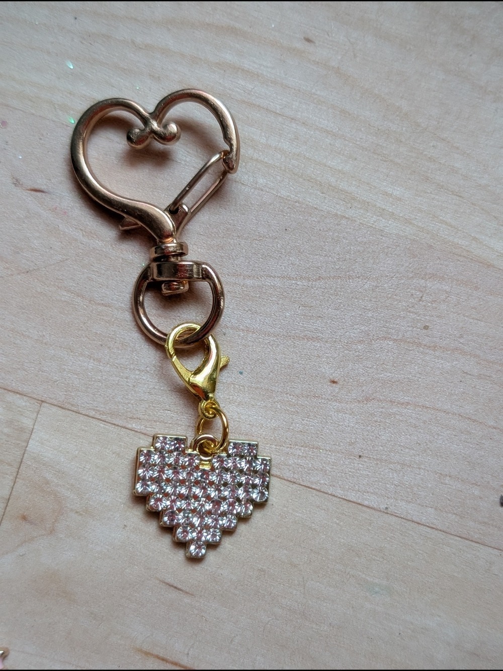 Gold-Tone Heart Keyring Charm with Pink Crystal Heart